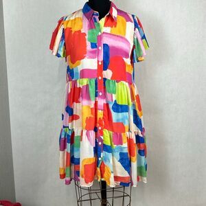 Flying Tomato Tempting Me Print Mini Dress Sz Small Button Front Flutter Sleeve